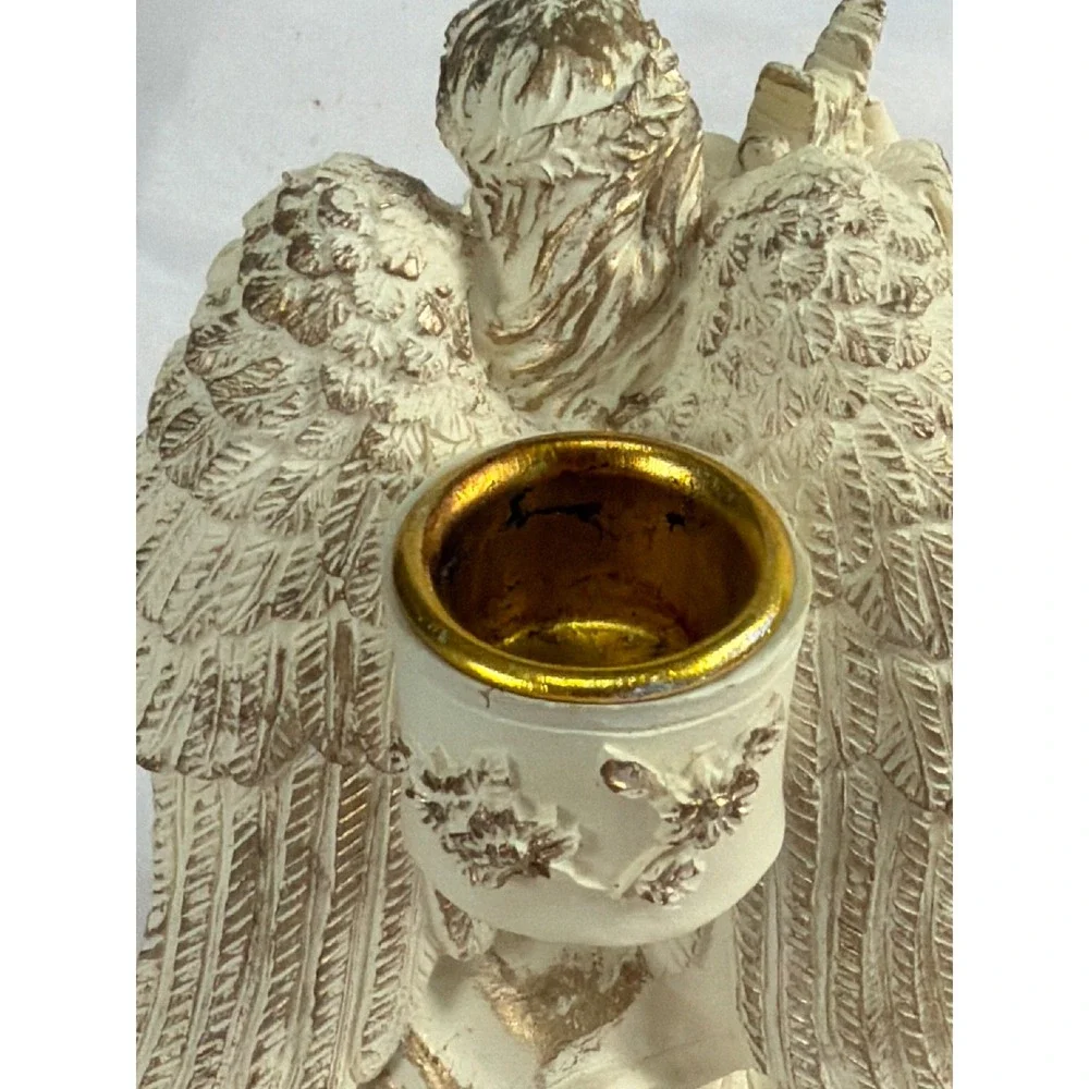 Vintage Angel Figurine Candle Holder Harp Player Cream Gold Resin 5.5 Inch